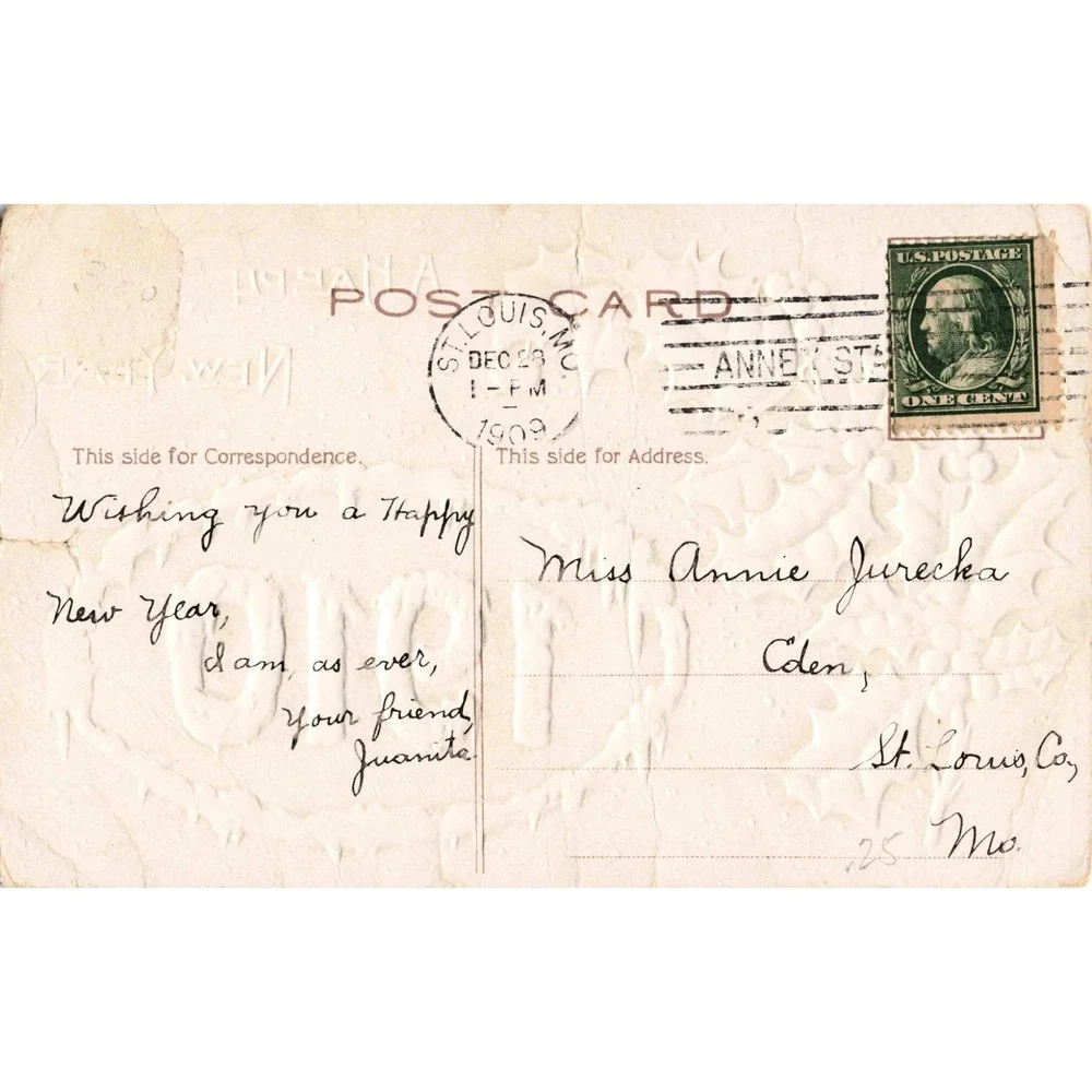 Antique 1910 Happy New Year Postcard Embossed Holly St Louis MO Postmark 1909
